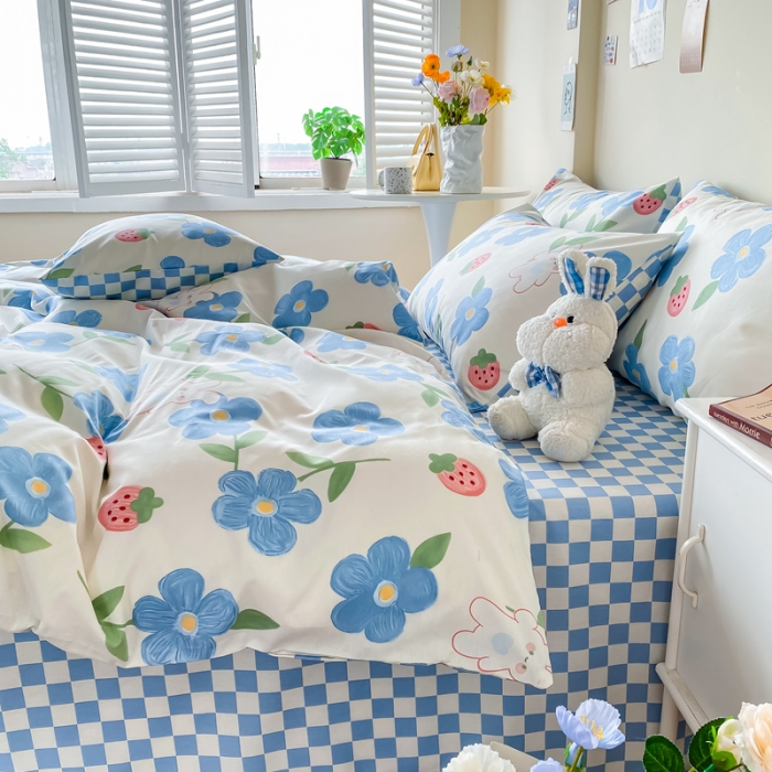 91家纺网 家纺一手货源 找家纺 西引力 2022新款全棉印花四件套 蓝色心情