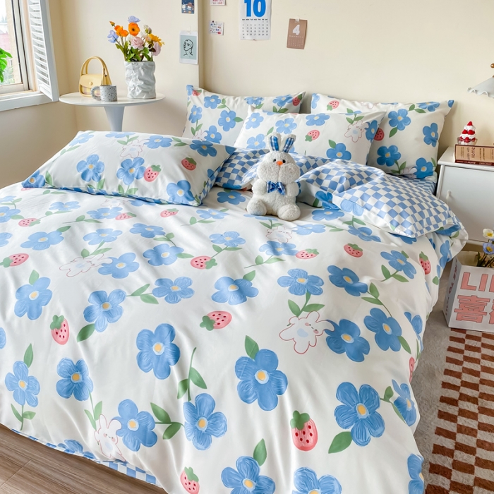 91家纺网 家纺一手货源 找家纺 西引力 2022新款全棉印花四件套 蓝色心情