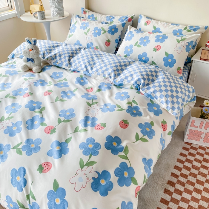 91家纺网 家纺一手货源 找家纺 西引力 2022新款全棉印花四件套 蓝色心情