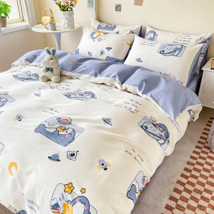 91家纺网 家纺一手货源 找家纺 西引力 2022新款全棉印花四件套 小海豚