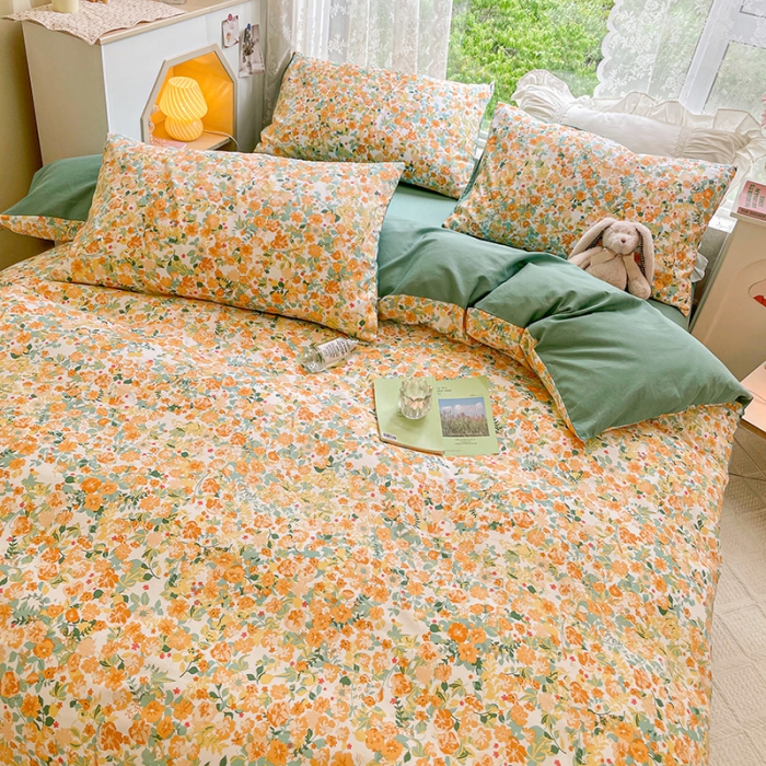 91家纺网 家纺一手货源 找家纺 琪格格纺织 2022新款全棉印花四件套 羽花香-黄