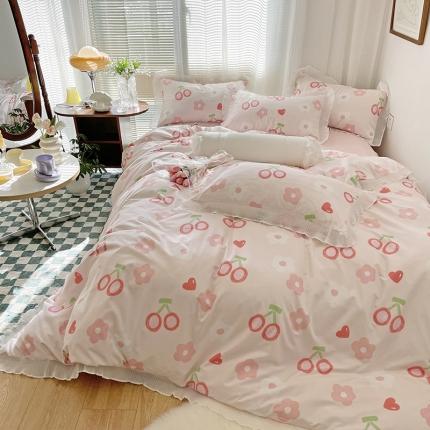 91家纺网 家纺一手货源 找家纺 花伞 2022年新款韩版温柔小碎花木耳锦棉四件套系列春樱白桃