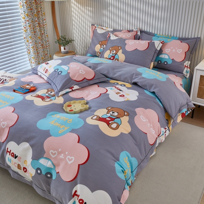 91家纺网 家纺一手货源 找家纺 杜先生 2023新款全棉加厚磨毛系列四件套浪漫小熊-灰