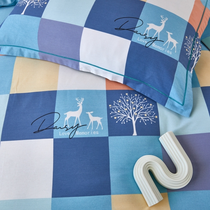 91家纺网 家纺一手货源 找家纺 杜先生 2023新款全棉加厚磨毛系列四件套鹿角小镇-蓝