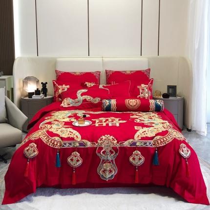 91家纺网 家纺一手货源 找家纺 总馨蕊 2022新款140S全棉提花高端婚庆四件套-百年好合