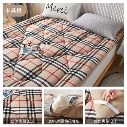 91家纺网 家纺一手货源 找家纺 鑫棉坊（有检测报告）2022新款色织水洗棉棉花床垫 卡其格