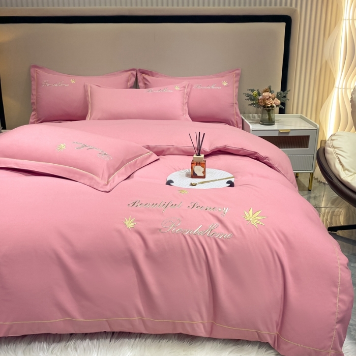 91家纺网 家纺一手货源 找家纺 靓生活2022新款磨毛刺绣四件套轻奢风 伯尔曼-贝壳粉