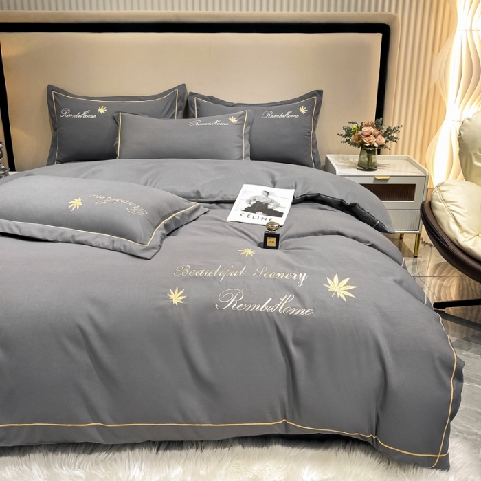 91家纺网 家纺一手货源 找家纺 靓生活2022新款磨毛刺绣四件套轻奢风 伯尔曼-爵士灰