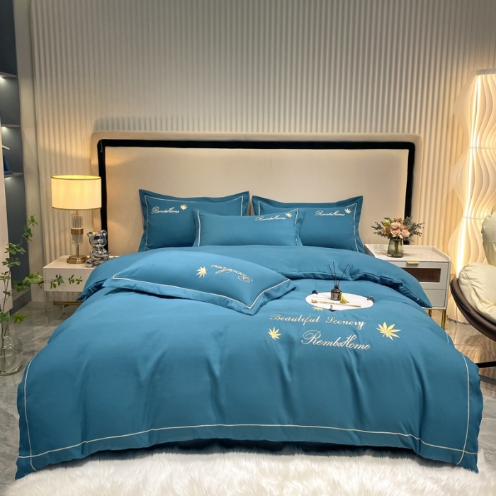 91家纺网 家纺一手货源 找家纺 靓生活2022新款磨毛刺绣四件套轻奢风 伯尔曼-琉璃蓝