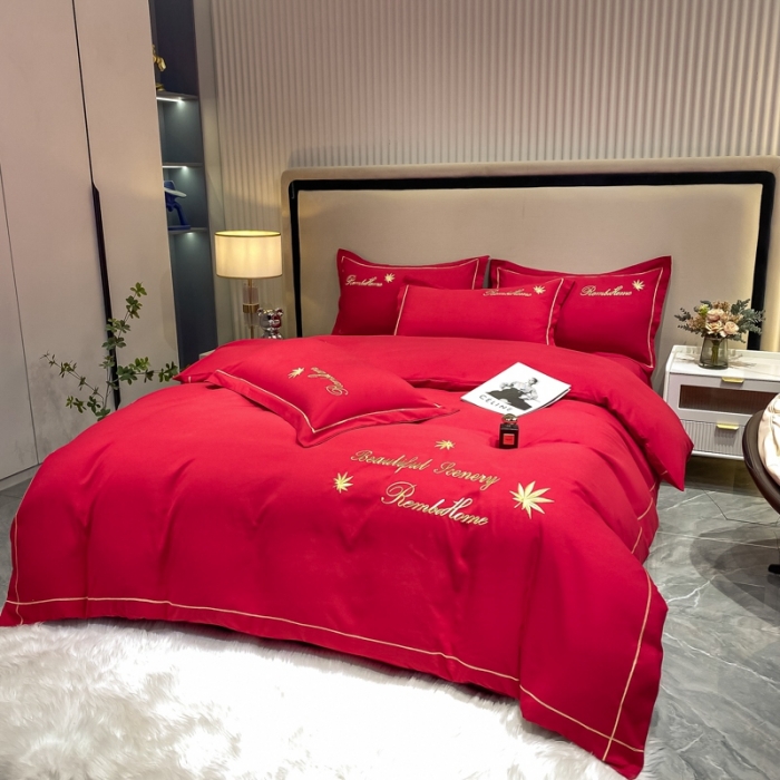 91家纺网 家纺一手货源 找家纺 靓生活2022新款磨毛刺绣四件套轻奢风 伯尔曼-千禧红