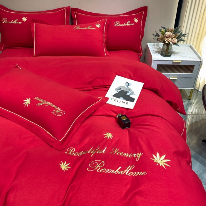 91家纺网 家纺一手货源 找家纺 靓生活2022新款磨毛刺绣四件套轻奢风 伯尔曼-千禧红