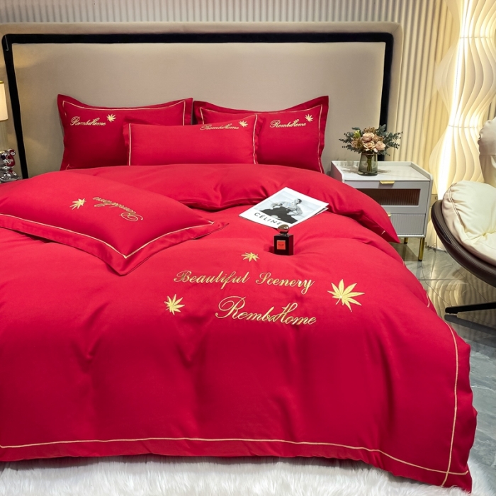 91家纺网 家纺一手货源 找家纺 靓生活2022新款磨毛刺绣四件套轻奢风 伯尔曼-千禧红