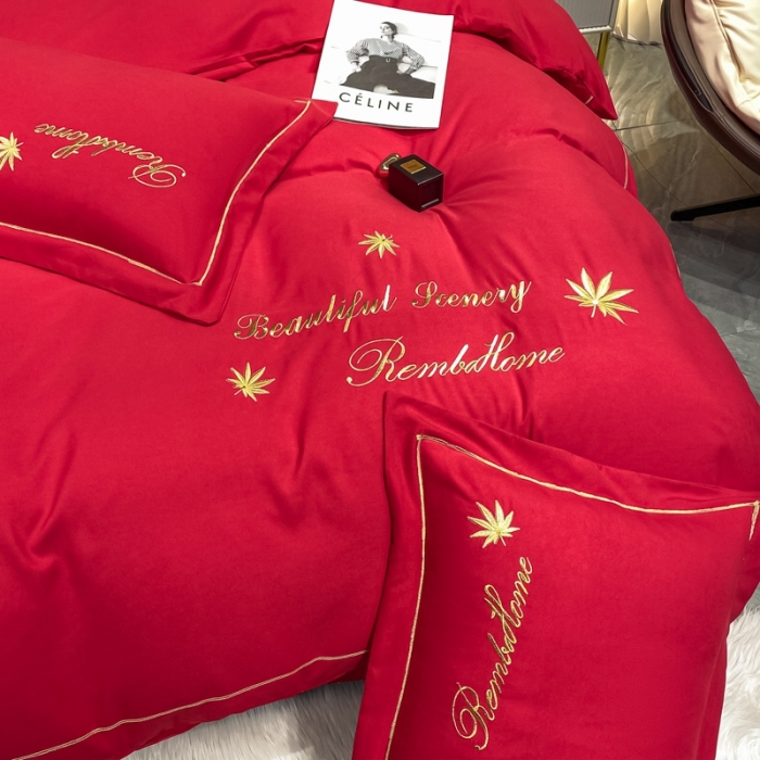 91家纺网 家纺一手货源 找家纺 靓生活2022新款磨毛刺绣四件套轻奢风 伯尔曼-千禧红