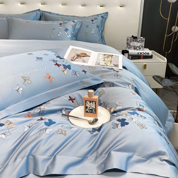 91家纺网 家纺一手货源 找家纺 理想家 2022新款13372全棉刺绣四件套-蝴蝶 蓝色
