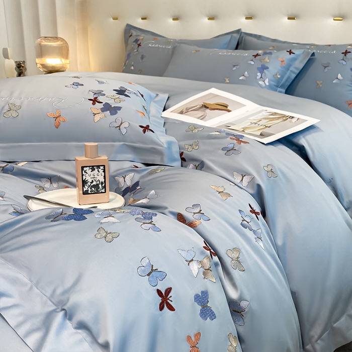 91家纺网 家纺一手货源 找家纺 理想家 2022新款13372全棉刺绣四件套-蝴蝶 蓝色