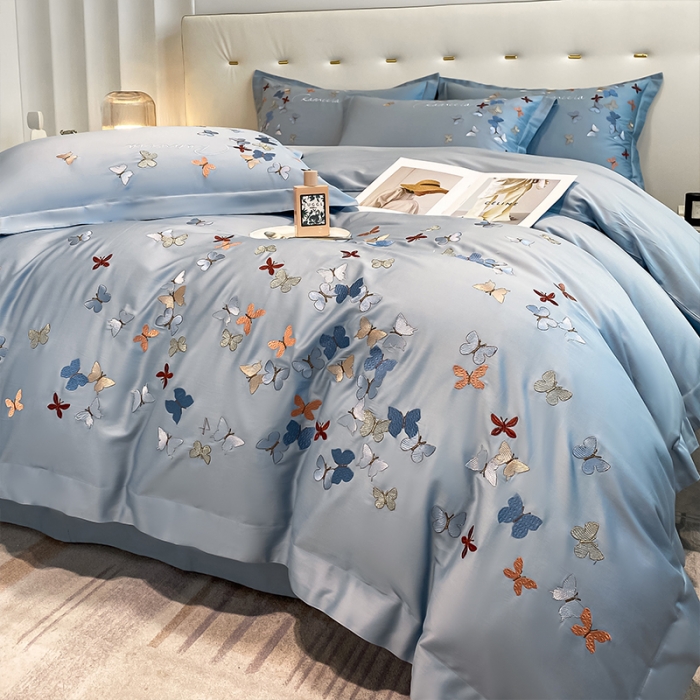 91家纺网 家纺一手货源 找家纺 理想家 2022新款13372全棉刺绣四件套-蝴蝶 蓝色