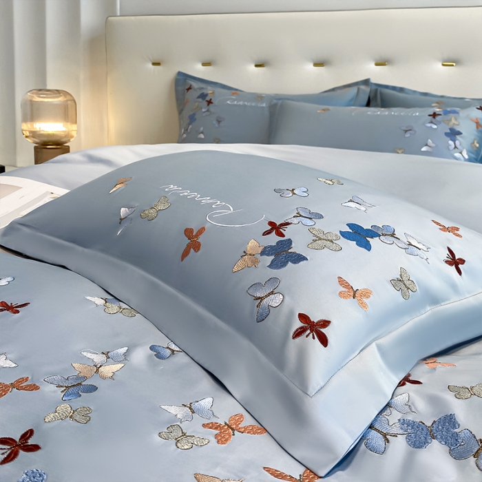 91家纺网 家纺一手货源 找家纺 理想家 2022新款13372全棉刺绣四件套-蝴蝶 蓝色