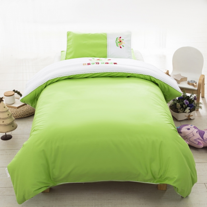 91家纺网 家纺一手货源 找家纺 乐秀22新款绣花款40支全棉幼儿园被子三件套六件套双拼-果绿