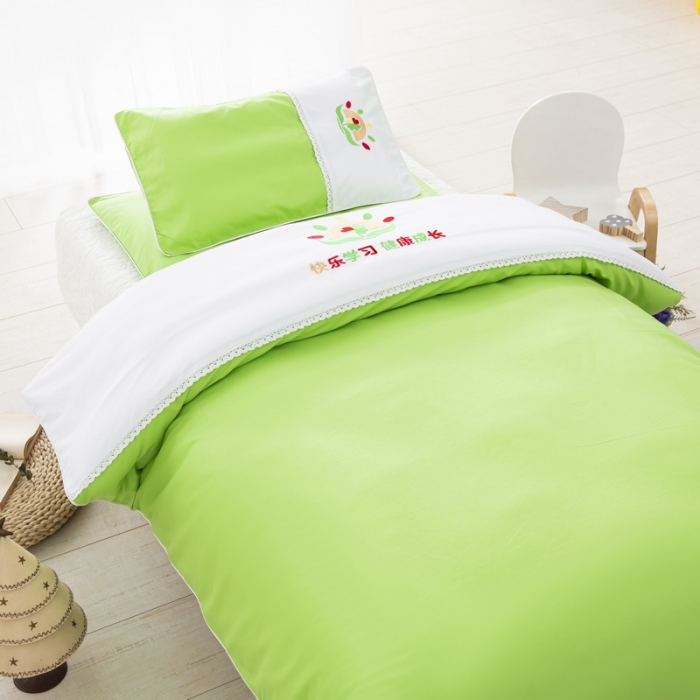 91家纺网 家纺一手货源 找家纺 乐秀22新款绣花款40支全棉幼儿园被子三件套六件套双拼-果绿