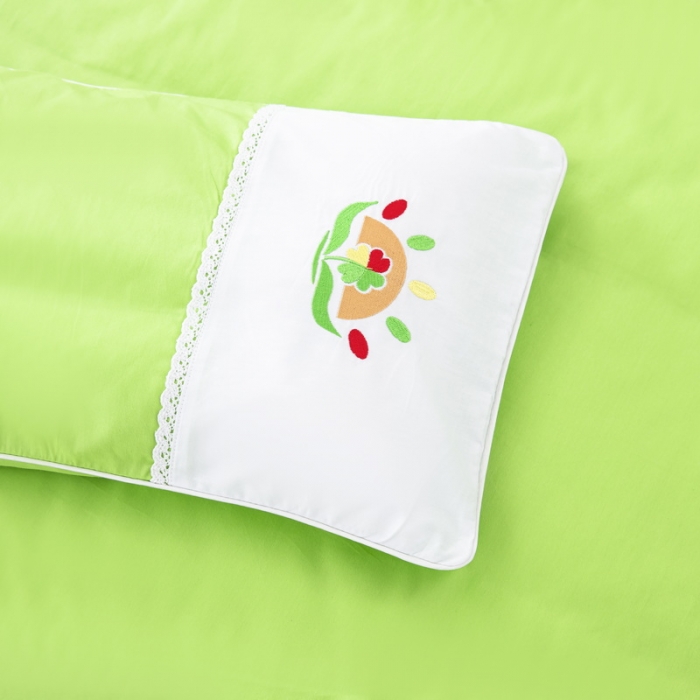 91家纺网 家纺一手货源 找家纺 乐秀22新款绣花款40支全棉幼儿园被子三件套六件套双拼-果绿