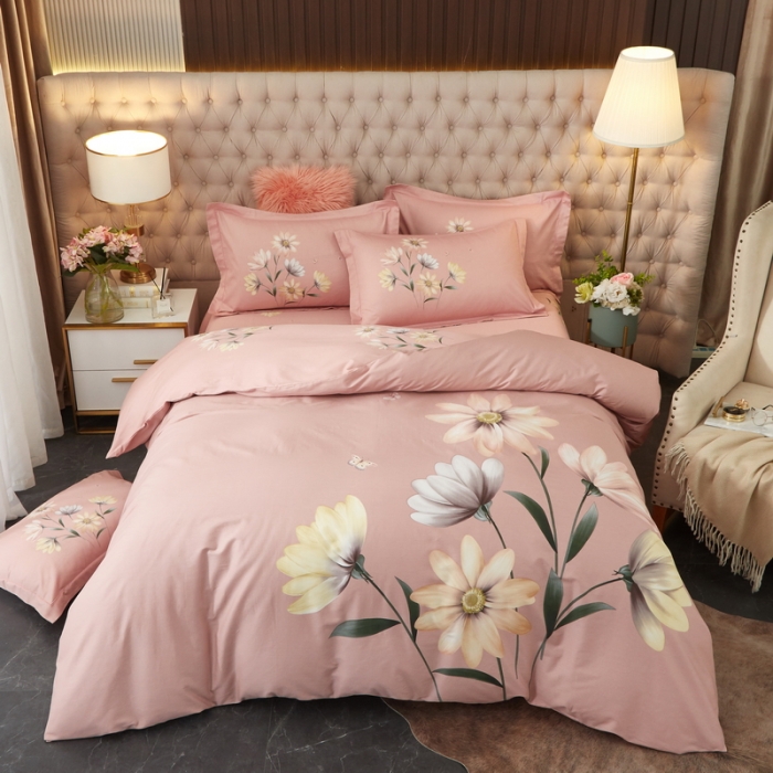 91家纺网 家纺一手货源 找家纺 金纱玉纺2022新款全棉生态大版磨毛四件套薇漫-粉