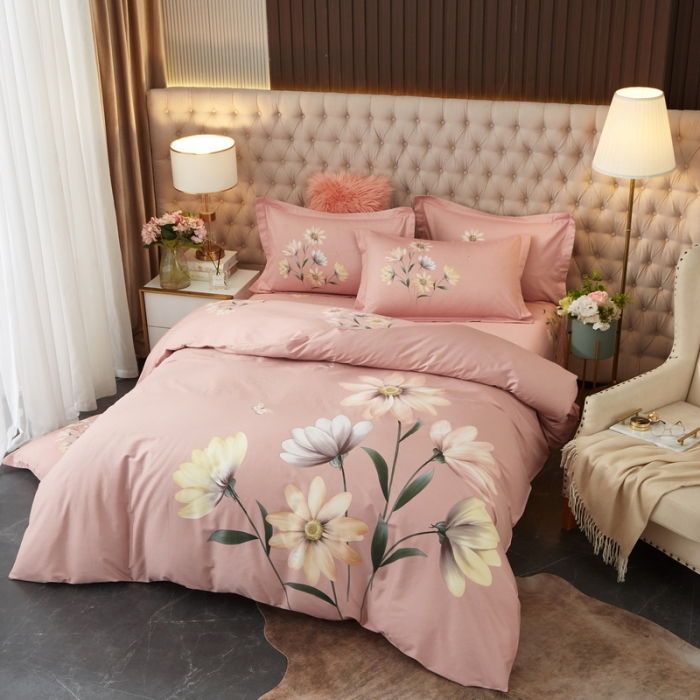 91家纺网 家纺一手货源 找家纺 金纱玉纺2022新款全棉生态大版磨毛四件套薇漫-粉