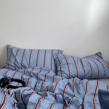 91家纺网 家纺一手货源 找家纺 总恋恋三季2024款ins韩国撞色复古条纹四件套-加伦蓝红条