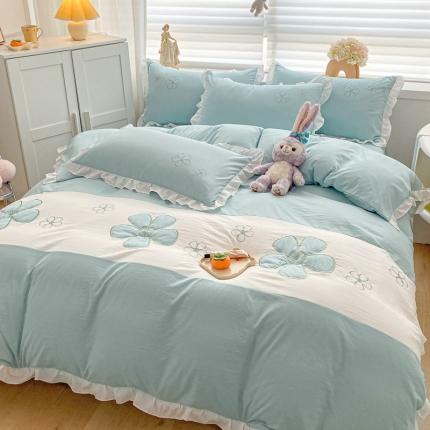 2025新款直播热卖韩版加厚磨毛刺绣花边四件套 淡雅花语-绿