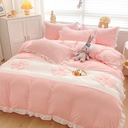 91家纺网 家纺一手货源 找家纺 2025新款直播热卖韩版加厚磨毛刺绣花边四件套 淡雅花语-玉