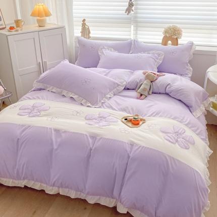 91家纺网 家纺一手货源 找家纺 2025新款直播热卖韩版加厚磨毛刺绣花边四件套 淡雅花语-紫