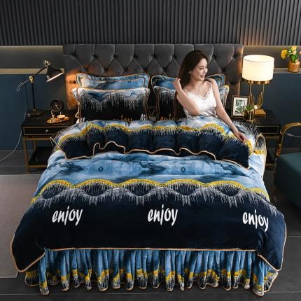 91家纺网 家纺一手货源 找家纺 8.5-9.5斤法莱绒四件套珊瑚牛奶金貂绒四件套床裙水墨年华