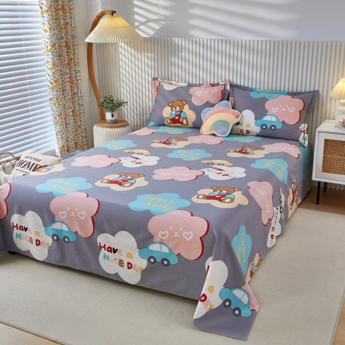 91家纺网 家纺一手货源 找家纺 杜先生新款全棉加厚磨毛系列床单浪漫小熊-灰（直角床单）