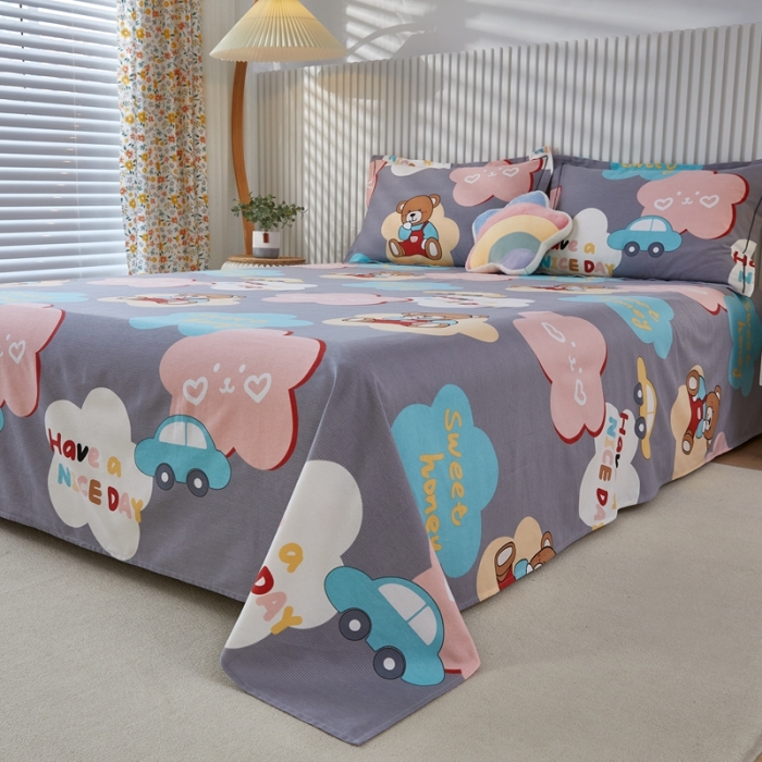 91家纺网 家纺一手货源 找家纺 杜先生新款全棉加厚磨毛系列床单浪漫小熊-灰（直角床单）