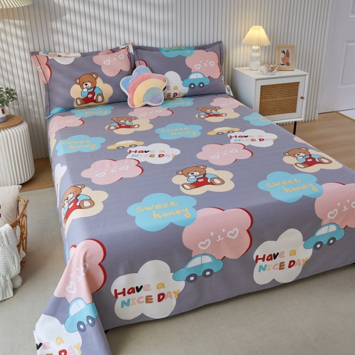 91家纺网 家纺一手货源 找家纺 杜先生新款全棉加厚磨毛系列床单浪漫小熊-灰（直角床单）
