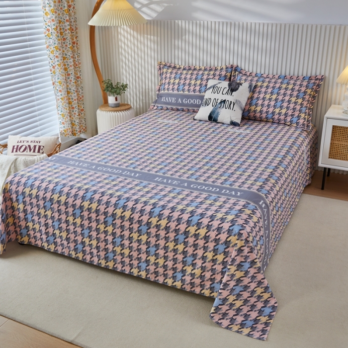 91家纺网 家纺一手货源 找家纺 杜先生 新款全棉加厚磨毛系列床单千鸟生活-粉（直角床单）