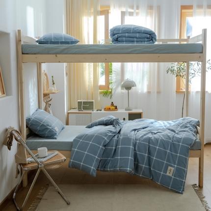 91家纺网 家纺一手货源 找家纺 北欧良品2022新款A类纯色织水洗棉学生上下铺四件套 海蓝大格