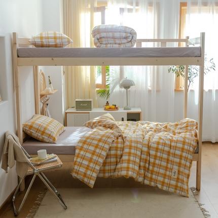 91家纺网 家纺一手货源 找家纺 北欧良品2022新款A类纯色织水洗棉学生上下铺四件套 芒果格