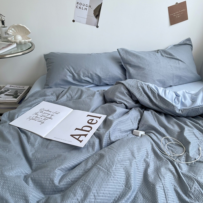 91家纺网 家纺一手货源 找家纺 曼谷 新款泡泡四件套博主同款立体小泡芙四件套 雾蓝泡泡