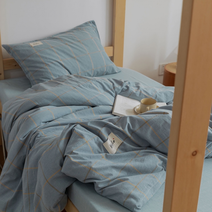 91家纺网 家纺一手货源 找家纺 北欧良品2022新款A类纯色织水洗棉学生上下铺四件套 金线格蓝