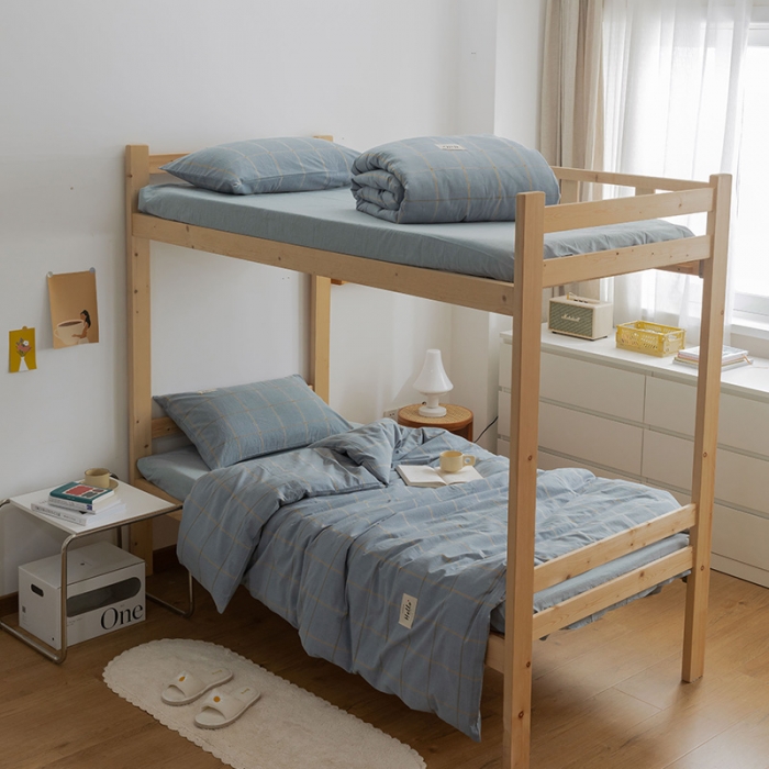 91家纺网 家纺一手货源 找家纺 北欧良品2022新款A类纯色织水洗棉学生上下铺四件套 金线格蓝