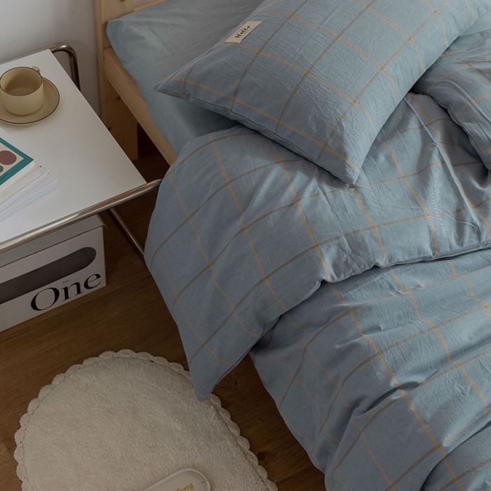 91家纺网 家纺一手货源 找家纺 北欧良品2022新款A类纯色织水洗棉学生上下铺四件套 金线格蓝