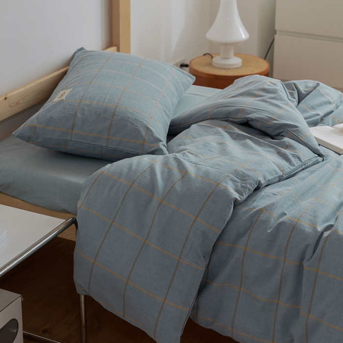 91家纺网 家纺一手货源 找家纺 北欧良品2022新款A类纯色织水洗棉学生上下铺四件套 金线格蓝