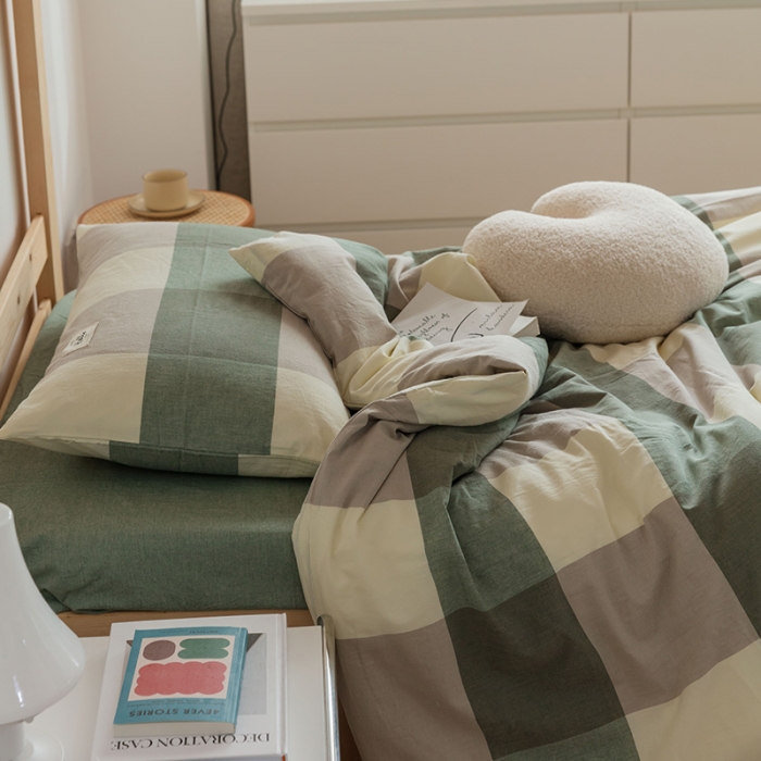 91家纺网 家纺一手货源 找家纺 北欧良品2022新款A类纯色织水洗棉学生上下铺四件套 绿灰大格