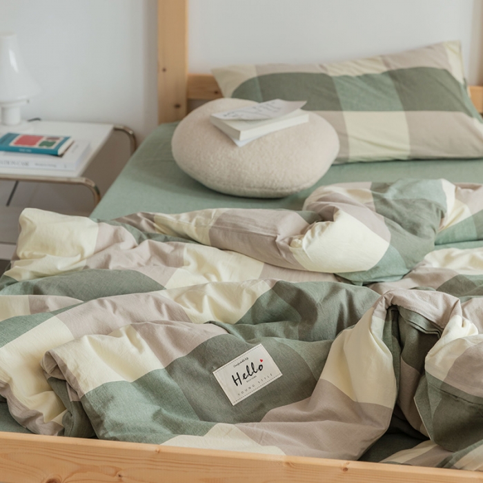 91家纺网 家纺一手货源 找家纺 北欧良品2022新款A类纯色织水洗棉学生上下铺四件套 绿灰大格