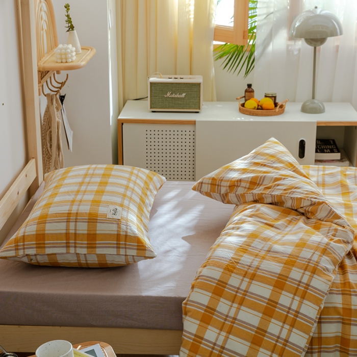 91家纺网 家纺一手货源 找家纺 北欧良品2022新款A类纯色织水洗棉学生上下铺四件套 芒果格