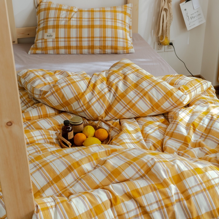 91家纺网 家纺一手货源 找家纺 北欧良品2022新款A类纯色织水洗棉学生上下铺四件套 芒果格