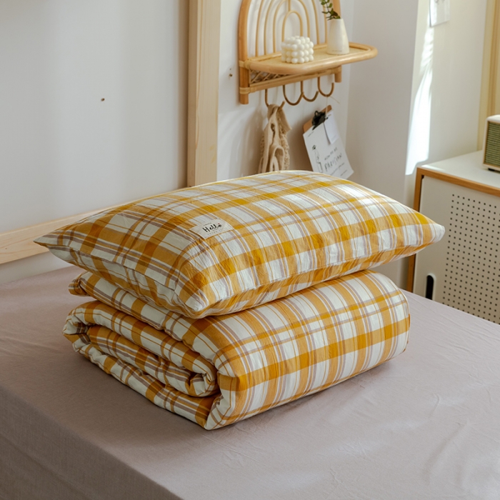 91家纺网 家纺一手货源 找家纺 北欧良品2022新款A类纯色织水洗棉学生上下铺四件套 芒果格