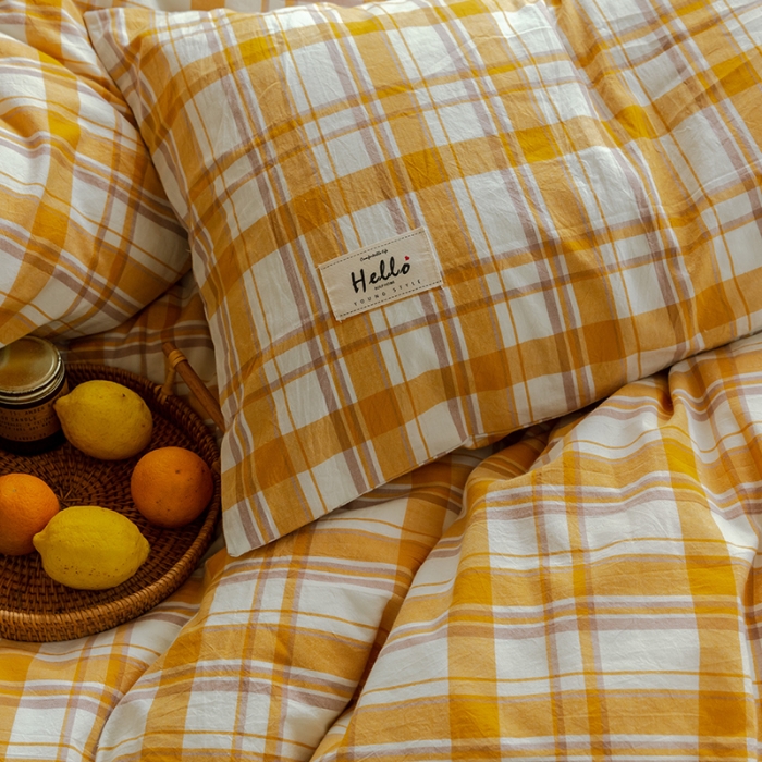 91家纺网 家纺一手货源 找家纺 北欧良品2022新款A类纯色织水洗棉学生上下铺四件套 芒果格