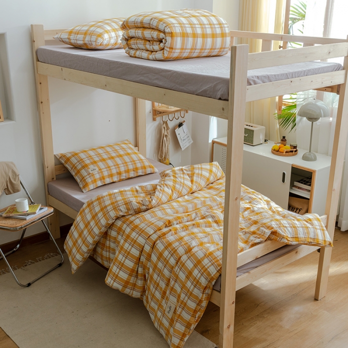 91家纺网 家纺一手货源 找家纺 北欧良品2022新款A类纯色织水洗棉学生上下铺四件套 芒果格