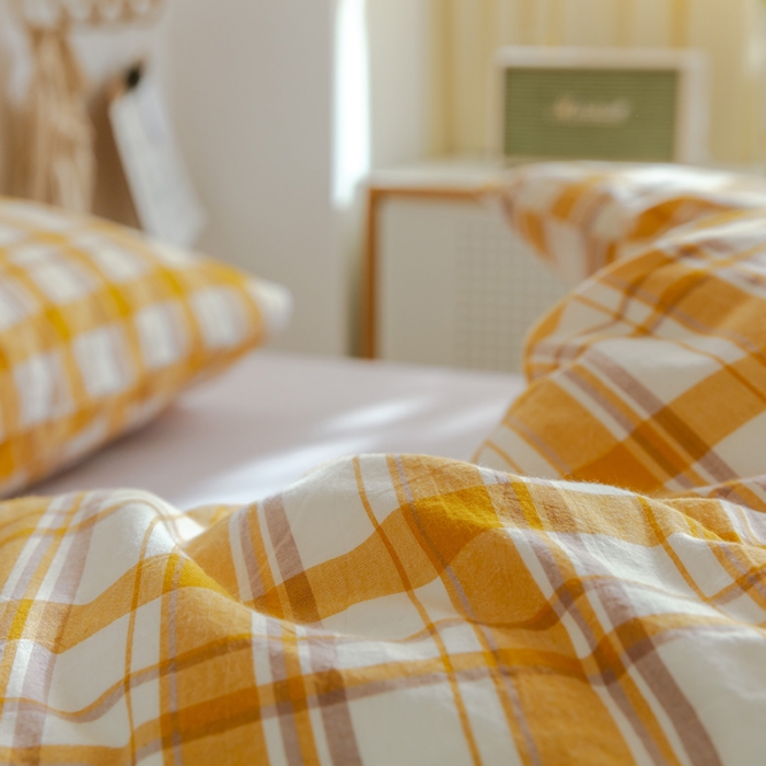 91家纺网 家纺一手货源 找家纺 北欧良品2022新款A类纯色织水洗棉学生上下铺四件套 芒果格